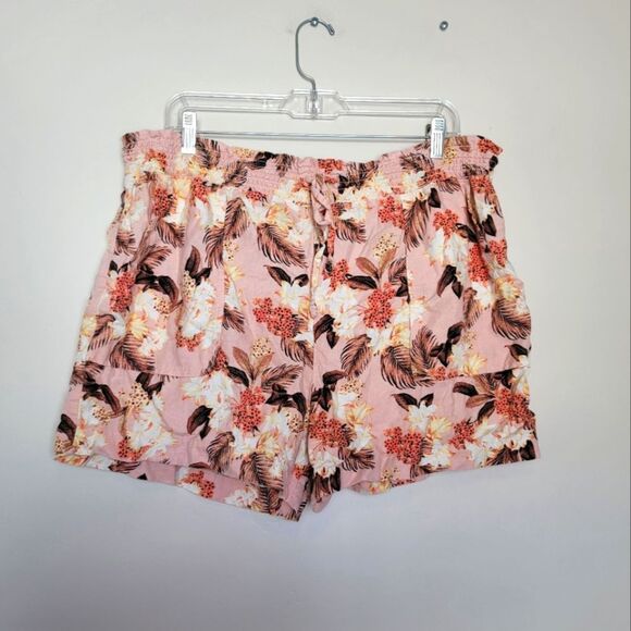 Palm Tree Hawaiian Shorts Linen Blend Pink Vacation Beach Cruise Women' Size XL - Picture 1 of 5